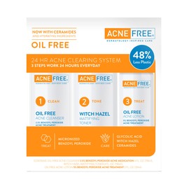 Acne Free 3 Step 24 Hour Acne Treatment Kit - Clearing System W Oil Free Acne Cleanser, Witch Hazel Toner, & Oil Free Acne Lotion - Acne Solution W/ Benzoyl Peroxide for Teens and Adults - Original