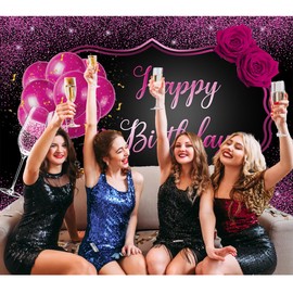 Pink Happy Birthday Backdrop for Women Glitter Heels Champagne Birthday Background for Party Shining Rose Birthday Photography Background for Women Sweet Girls Birthday Party Decoration Banner 7x5Ft