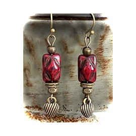 Burnt Red Czech Bead and Etched Bronze Heart Earrings. Jewelry Earrings for Women #3298FE3320