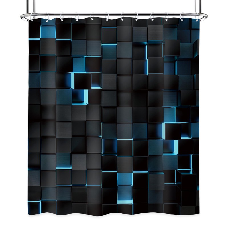 Riyidecor Black Blue Shower Curtain 60Wx72H Inch Abstract Navy Brick