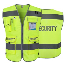 TCCFCCT Security Vest for Security Guard 9 Pockets High Visibility Reflective Safety Vest for Men Women, Durable Hi Vis Vest with Reinforced Sewing, Meets ANSI/ISEA, (G100S-Yellow, L)