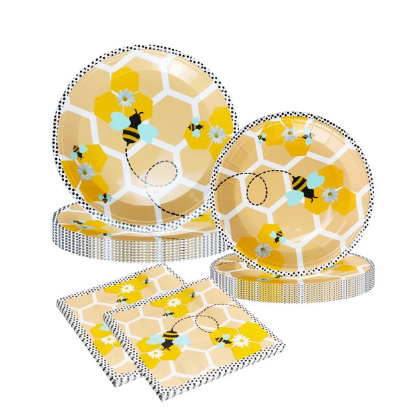 QYCX Bee Party Decorations-Bumble Bee Theme Birthday Party Supplies Set Serves 10 Guest, 40 PCS Honey Bee Party Decorations with 7" 9" Bee Dinner Dessert Plates, Napkins, Disposable Honey Bee Party Tableware Set for Bumble Bee Party Decorations Bee Birth