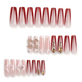 DOCVOEOMH Long Press on Nails Coffin Rhinestones Acrylic Fake Nails with 3D Alloy Butterfly Design Glue on Glossy Full Cover Artificial Gel False Stick on Nail for Girls Women Wedding Manicure 24Pcs