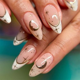 24Pcs Almond Press on Nails Medium Stiletto Fake Nails with Gold Chrome Star Moon Design French Tip False Nails Glossy Glue on Nails Retro Artificial Acrylic Nails for Women Manicure Decoration