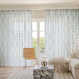 SUOUO Aqua Blue Floral Semi Sheer Curtains Linen Textured for Living Room 96 inches Long 2 Panels Rod Pocket Light Filtering Print Window Drapes for Bedroom Dining