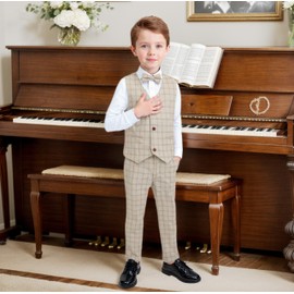 Yilaku Boys' Suits & Blazers Boys Suit Waistcoats Pants White Shirt Bow Tie Kids Children Page Boy Gifts for Wedding Clothes,Khaki, 130