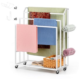 OYEAL Freestanding Towel Rack with Wheels White Blanket Ladder Holder with Shelf & 6 Hooks, Pool Towel Rack Outdoor with Wheels, White