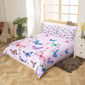Loussiesd Butterfly Duvet Cover Set Double Girls Butterfly Bedding Set 200x200cm with 2 Pillowcase Purple Reversible Bright Floral Print Bedding Set for Kids Colorful Butterflies Bedding 3 Pcs