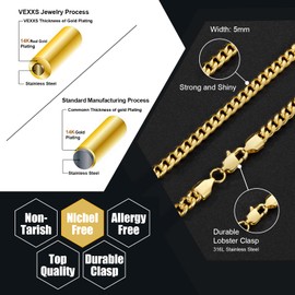 VEXXS Men's Gold Chain, 14K Real Gold Plated Miami Cuban Link Chain, Durable No Color Fading 4mm 5mm Men’s Necklace Chain (5mm-14K Gold, 20 inches)