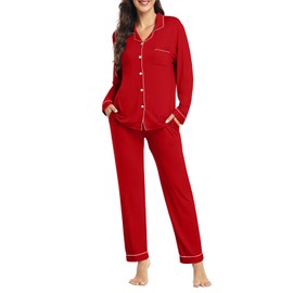 YOPUGEE Womens Long Sleeve Cotton Button Down Pajamas Modal Lounge Sets 2 Piece Plus Size Pj Sleepwear Red 3XL