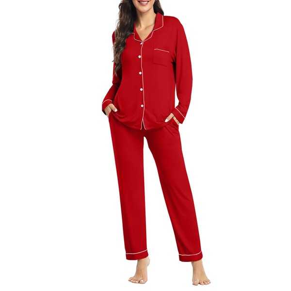 YOPUGEE Womens Long Sleeve Cotton Button Down Pajamas Modal Lounge