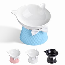Ceramic Raised Cat Bowl with Stand and Bow Tie, Tilted Elevated Anti-Vomit Cat Dish for Whisker Relief, Microwave & Dishwasher Safe, Cute Pet Food Bowl for Cats and Small Dogs (Blue)