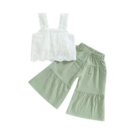 Aopwsrlyi Kids Baby Girls Summer Cotton Linen Outfit Sleeveless Lace Tank Tops Bell-bottom Wide Leg Pants Set (Green, 4-5T)