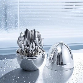 24-Piece Gold & Silver Cutlery Set in Egg-Shaped Case - Stainless Steel Flatware with Luxury Gift Box, Elegant Tableware for Wedding/Housewarming (24-Piece) - Color: Platinum silver