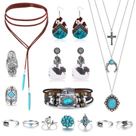 Finrezio Western Jewelry for Women Bohemian Turquoise Jewelry Set Turquoise Pendant Choker Necklace Turquoise Faux Leather Cuff Bracelet Turquoise Drop Dangle Earrings Turquoise Joint Knuckle Rings