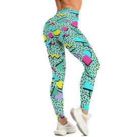 Tincall Women's 80s Leggings Retro Geometric Printed Soft Stretchy Pants Neon Disco Pants 80s Outfit Party Leggings for Women(Green,M)