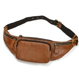 Genuine Leather Slim Waist Pack for Man & Woman, Vintage Design & 4 Zipper Pockets & Adjustable Strap, Large Capacity Fanny Pack Crossbody Belt Bag for Travel or Ride, Brown, Vintage
