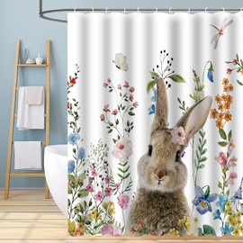 Easter Shower Curtain, Watercolor Rabbit Shower Curtain set, Spring Shower Curtains for Bathroom, White Bunny Bathroom Shower Curtain sets, Bathroom Curtains Shower set for Bathroom Decor 72"X72"