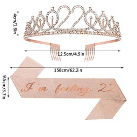 UVATAHONA 22nd Birthday Sash and Tiara for Girl, I'm feeling 22 Sash and 22 Crown, Happy 22nd Birthday Gifts for Girls Kids Party Favors Supplies and Decorations, Rose Gold