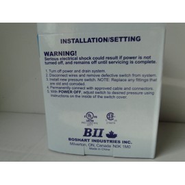 BOSHART INDUSTRIES (BII) PRESSURE SWITCH: 30-50 (PS02-3050); 40-60 (PS02-4060) for Water Well Submersible Pumps