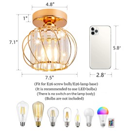 Vechoicy Gold Semi Flush Mount Ceiling Light Pack of 2, 7.5 inch Gold Metal Cage Hallway Ceiling Lamps, Farmhouse Ceiling Light Fixture, Industrial Crystal Chandelier for Bathroom Kitchen Livingroom