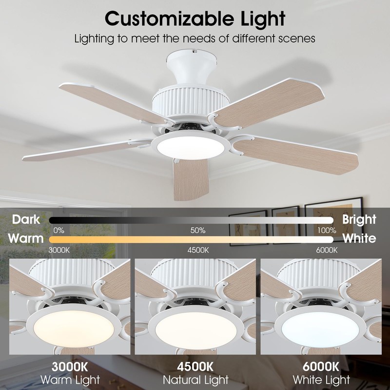 Surtime 44In Flush Mount Ceiling Fans with Lights and APP&Remote