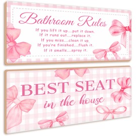 Jetec 2 Pieces Funny Bathroom Pictures Wall Sign Decor Farmhouse Bathroom Rule Wall Art Toilet Rustic Decoration Best Seat Wooden Sign(Pink Bow Style)
