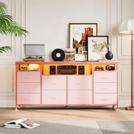 63.3 Inch Black Dresser for Bedroom, 10 Drawer Dresser TV Stand for 65 70 75 Inch TV, Fabric Chest of Drawers with LED Lights & Power Outlets, Long Entertainment Center for Closet, Living Room, Entryw