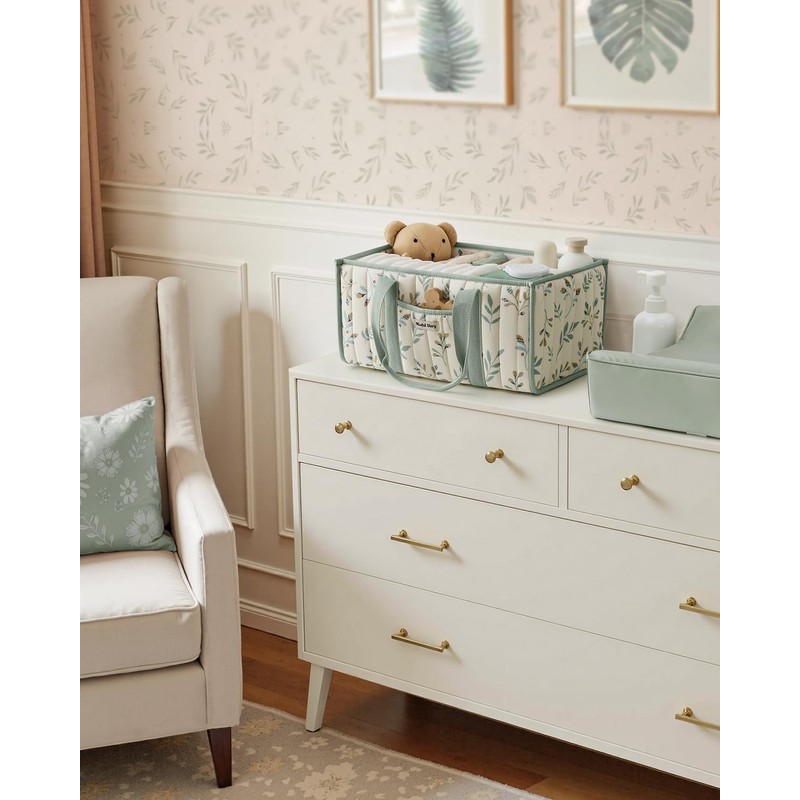 Blissful Diary Leaf Diaper Caddy Organizer, Stylish Nursery Storage Basket,