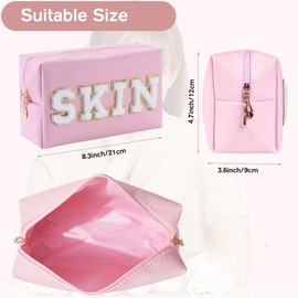 Preppy Patch Makeup Bag,Travel Cosmetic Bags PU Leather Portable Waterproof Toiletry Storage Case with Chenille Letter Zipper Daily Use Pouch for Women,Light Pink Skin