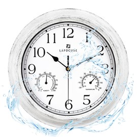 Lafocuse White Outdoor Wall Clocks Waterproof for Patio with Thermometer, 12 Inch Hygrometer Wall Clock for Kitchen Bathroom Garage