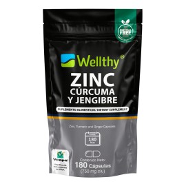 Zinc, Curcuma Y Jengibre 180 Cápsulas Wellthy Sabor Sin Sabor