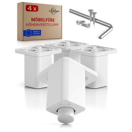 LouMaxx Furniture Feet Height Adjustable - Set of 4 38 x 38 x 60 mm in White Including Mounting Plate - Feet for Cabinets Suitable as Kallax Feet - High-Quality Cabinet Feet for Individual DIY