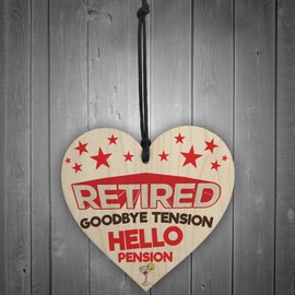 RED OCEAN Retired Goodbye Tension Hello Pension Wooden Hanging Heart Plaque Sign Fun Gift
