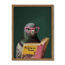 Framed Funny Pigeon Wall Art, Humorous Bird Reading Wall Decor Paintings, Pooping on People Book Pictures Canvas Print Eclectic Home Decor for Bathroom Living Room Office Dorm 12x16 inch