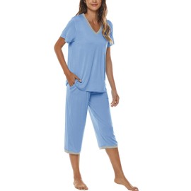 JINSHI Women's Loungewear Sets Simple Sleep Tops with Loose Fit Pajamas Pants Ladies Fashionable Homewear Sets Blue 2 X-Large
