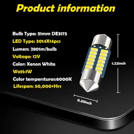 Yonput Auto DE3175 Led Car Bulb, 31mm 1.22in Led Festoon Bulb DE3021 DE3022 DE3023 6428 6430 7065 Led Festoon Bulb, 6000k White for Car Interior Dome Map Trunk Light (4 PCS)
