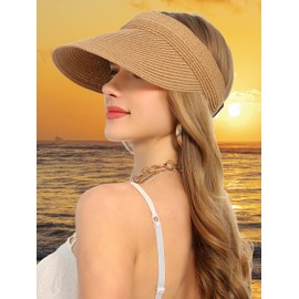 soul young Womens Straw Sun Visor Hat Ponytail Hole UV Protection Wide Brim Summer Cap Packable for Travel UPF 50+(Khaki)