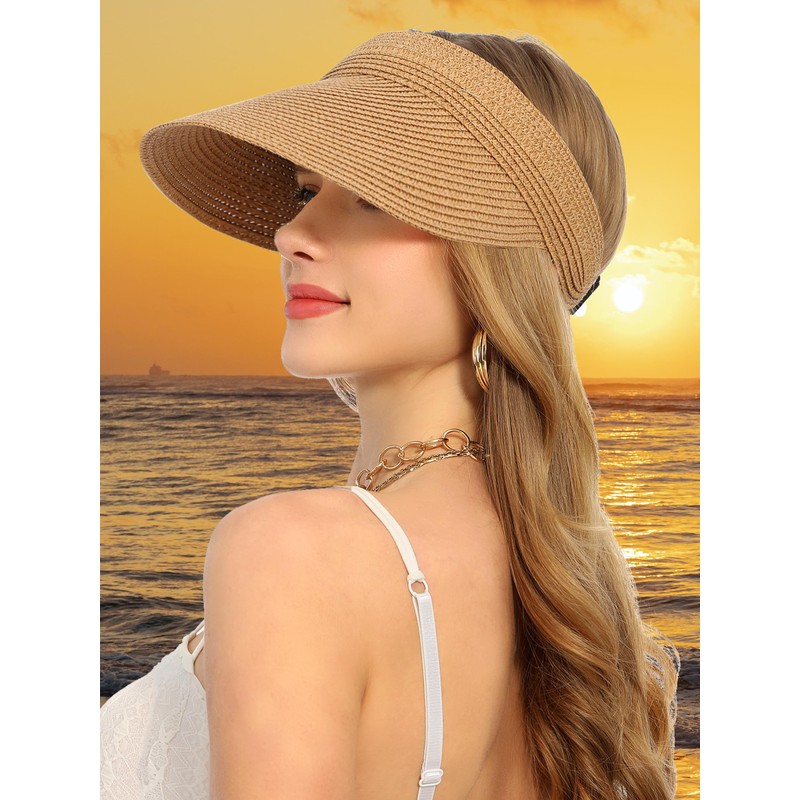 soul young Womens Straw Sun Visor Hat Ponytail Hole UV