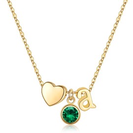 Ursilver Initial Birthstone Necklace for Women, 14K Gold Plated Heart Initial Birthstone Necklace May Birthstone Jewelry Initial Necklaces Emerald Necklace May Birthstone Necklaces for Women