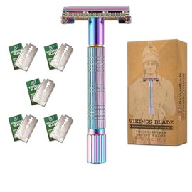 Maquinilla de afeitar de seguridad para mujer VIKINGS BLADE + 5 hojas de acero sueco. Cabezal de liberación rápida, doble filo. Suave, reutilizable, reciclable (modelo: Psyche)