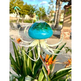 Large Hand Blown Art Glass Jellyfish Plant Holder - Primary color: Clear Blue