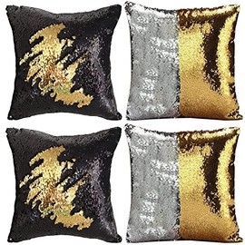 MOCOFO Magic Flip Sequin Decorative Throw Pillow Covers 16x16-2 Silver to Gold + 2 Gold to Black Premium Suede Back Pillowcases for Kids Room, Holiday Glam Decor