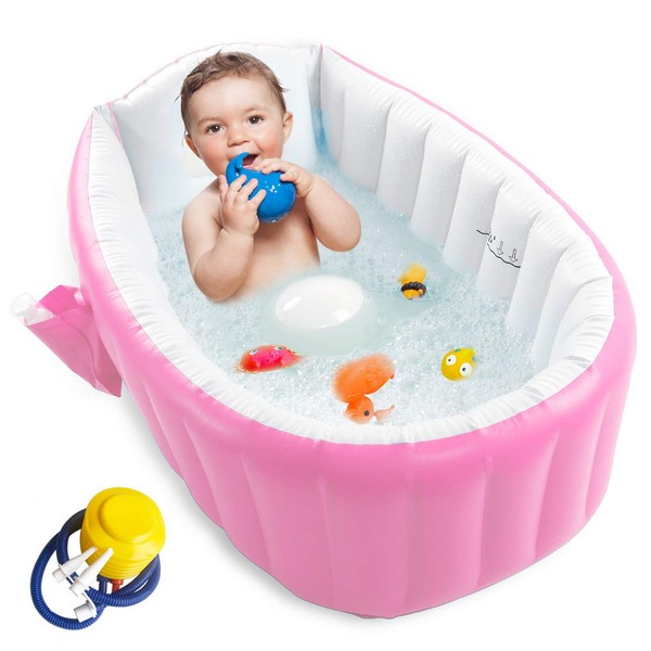 Inflatable Baby Bathtub, Portable Infant Toddler Bathing Tub Non Slip Travel Bathtub Mini Air Swimming Pool Kids Thick Foldable Shower Basin with Air Pump, Pink