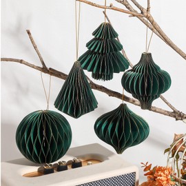 20 Pcs Christmas Honeycomb Ornaments 3D Mini Glitter Edge Christmas Tree Decorations Christmas Paper Honeycomb Ornament for Vintage Xmas Tree Holiday Home Decor (Dark Green)