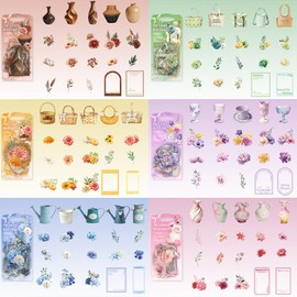 120Pcs Arrange Flowers Themed Scrapbook Stickers Vintage Flower Stickers for Scrapbooking Journal Supplies Rose Daisy Hydrangea Peony Floral Grass Sticker with Bag Kettle Cup Bouquet Vase PET Sticker