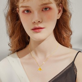 BETHZA Natural Citrine Sunflower Necklace 925 Sterling Silver Gold Plated Sunflower Pendant Jewelry Gift for Women
