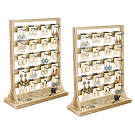 Ikee Design Free Assemble 2 Pcs Set Wooden Jewelry Display Rack with 20 Removable Metal Hooks/Each, Earring Display Holder Stand for Earring,Necklaces,Bracelet, Keychain Display Stand, Oak Color