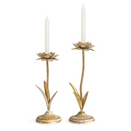 Remenna Antique Gold Metal Flower Taper Candle Holder, Rustic Farmhouse Style, Set of 2, Centerpiece Wedding Festive Christmas Mantel Decoration