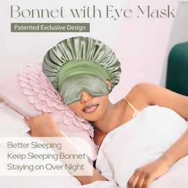 BONNET QUEEN Silk Bonnet for Sleeping Women Satin Bonnet with Eye Mask Non Slip Hair Wrap for Curly Hair Night Sleep Cap Matcha Green